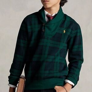 Polo Ralph Lauren Plaid Fleece Shawl Collar Fleece Lined Sweatshirt, Boys size 5